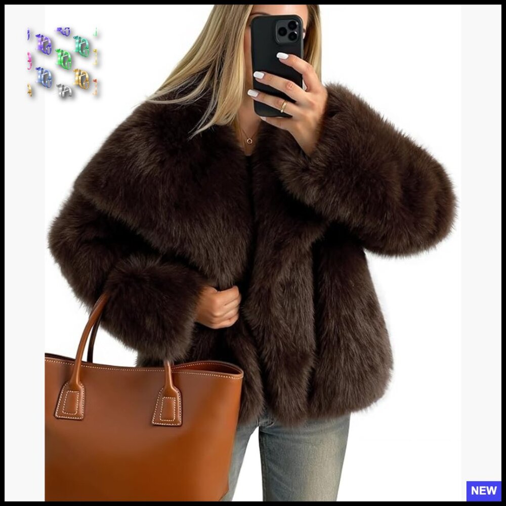 Faux Fur Cocoon Coat Fluffy Shaggy Jacket Winter Outerwear Long Sleeve Pockets